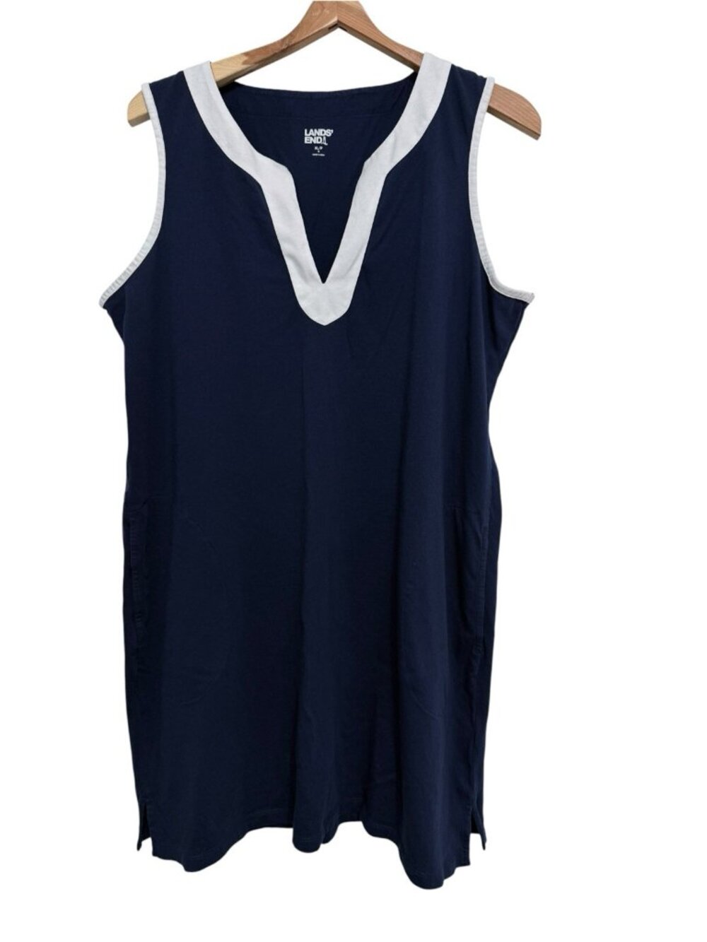 Lands' End Sleeveless V-Neck Shift Dress PXL Navy/White Trim Pockets Cotton